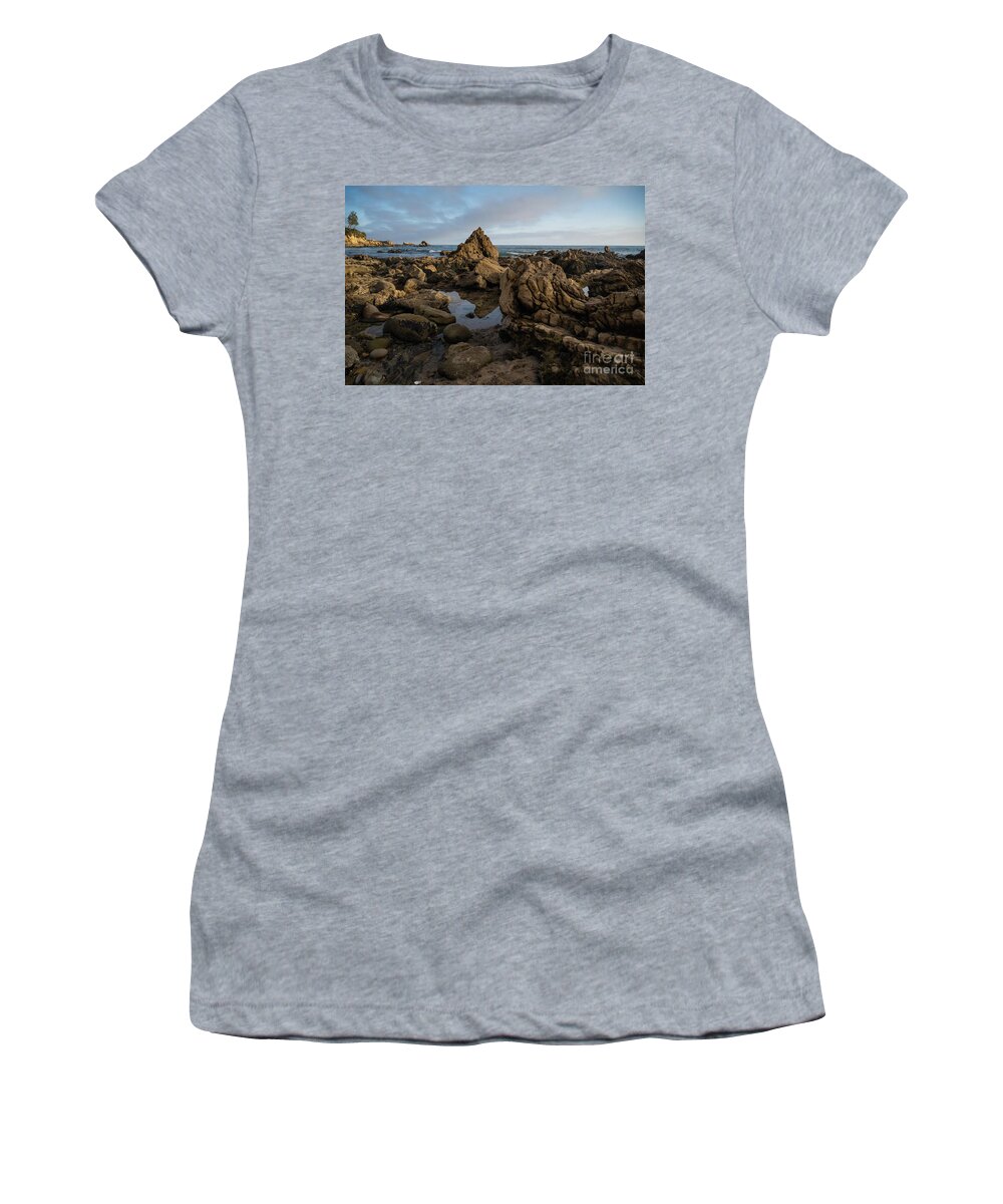 Little Corona Del Mar Beach Women's T-Shirt featuring the photograph Rocky Tide Pools and Arch Rock Reflections by Abigail Diane Photography