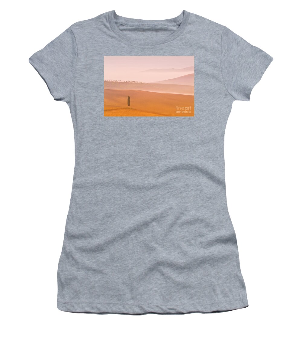 One Tree Women's T-Shirt featuring the photograph Lone cypress tree on Misty morning, Val d'orcia, Tuscany, Italy by Neale And Judith Clark