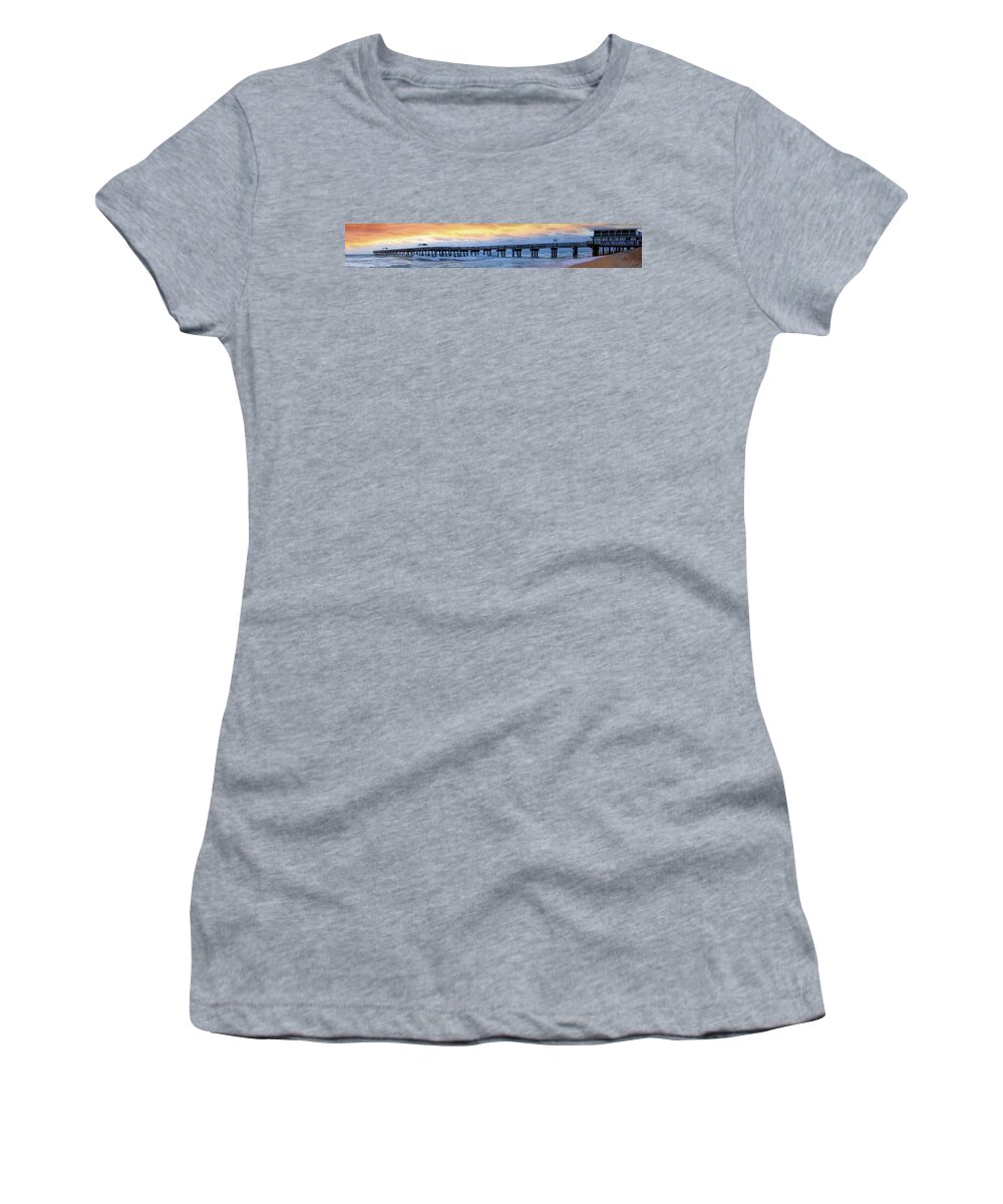 Panorama Women's T-Shirt featuring the photograph Long Fishing Pier at Dawn by Debra and Dave Vanderlaan