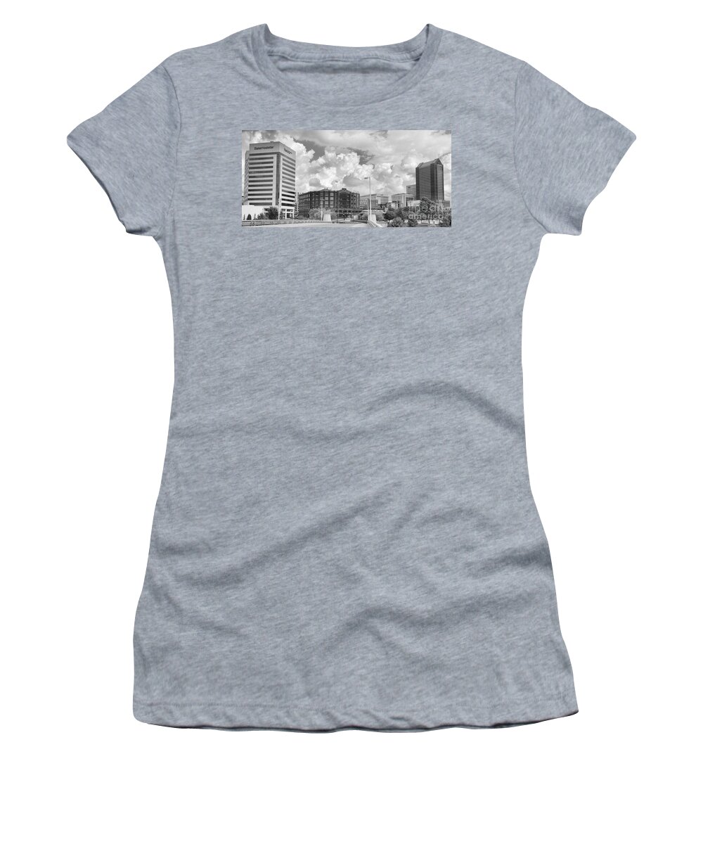 Rich Women's T-Shirt featuring the photograph Looking Across The Rich Street Bridge Panorama Black And White by Adam Jewell