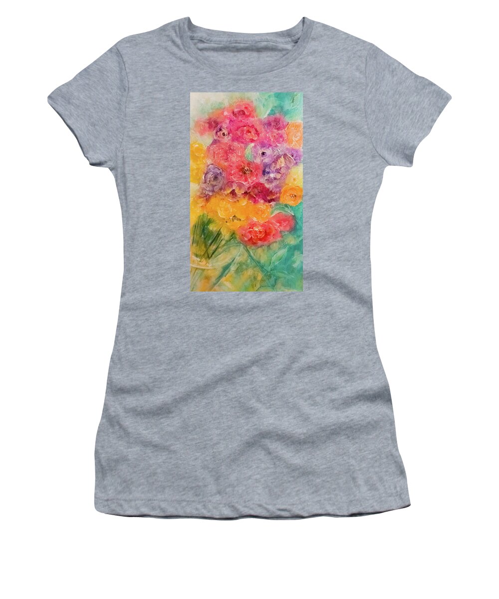 Flowers Women's T-Shirt featuring the painting Looking Down At Painterly Flowers by Lisa Kaiser