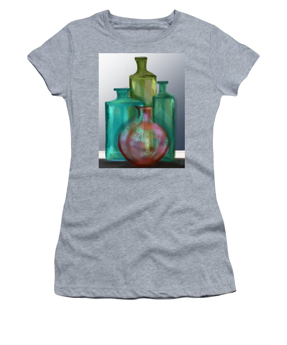Glass Women's T-Shirt featuring the painting Luminescent bottles by Christine Fournier