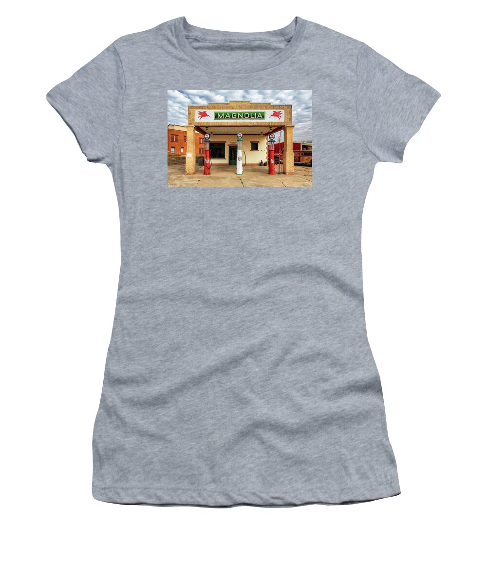 Magnolia Gas Station Women's T-Shirt featuring the photograph Magnolia Gas Station - Shamrock Texas - Route 66 by Susan Rissi Tregoning