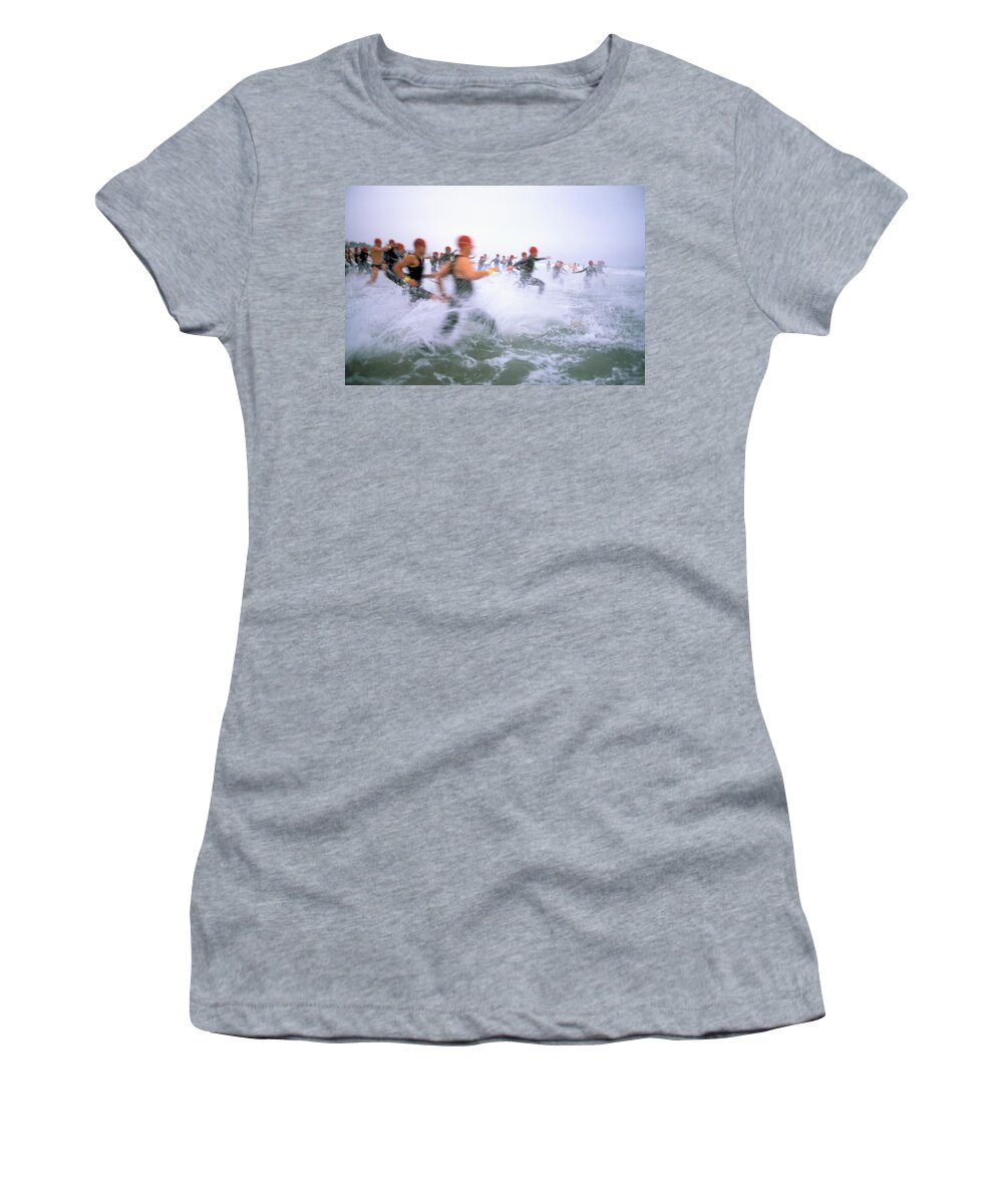 Beach Gallery Women's T-Shirt featuring the photograph Mailbu Triathlon, Zuma Beach, Los Angeles County, California by Peter Bennett