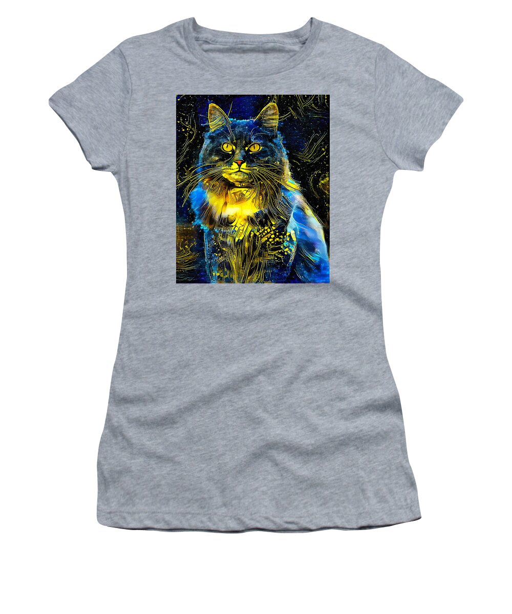 Maine Coon Women's T-Shirt featuring the digital art Maine Coon cat sitting - starry blue with yellow colorful painting by Nicko Prints