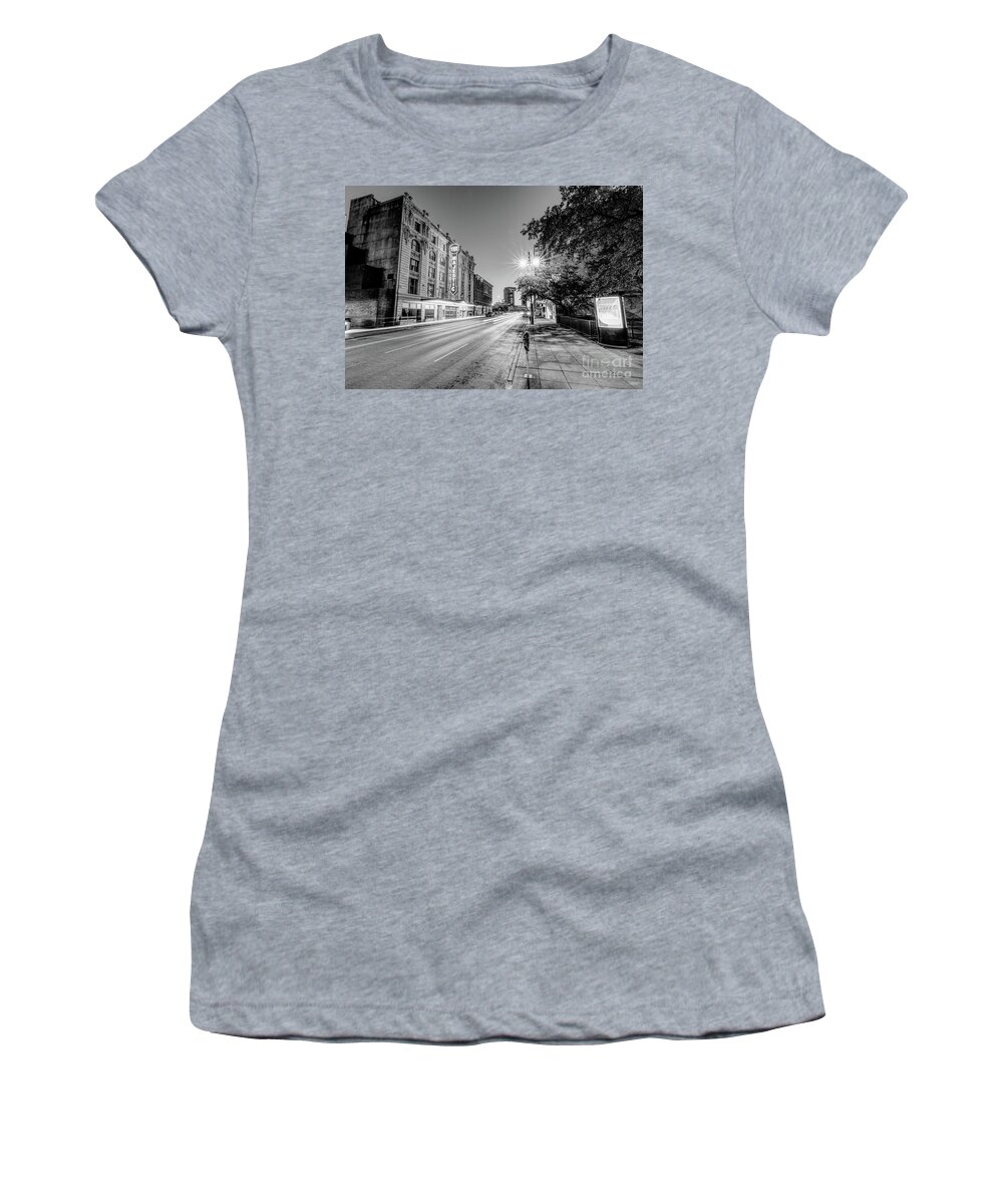 Dallas Women's T-Shirt featuring the photograph Majestic Theater Elm Street Night Grayscale by Jennifer White