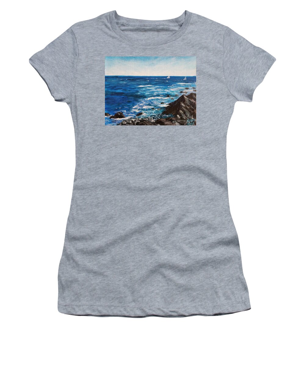 Blue. White Women's T-Shirt featuring the painting Making Waves by the Cliff Walk, Newport, Rhode Island by C E Dill