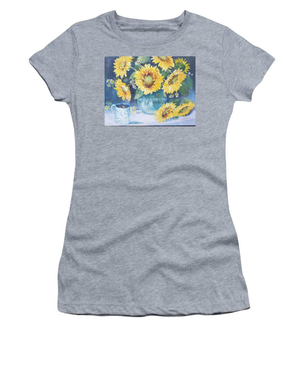Sunflowers Autumn Coffee Harvest Women's T-Shirt featuring the painting Mama's Cup with Sunflowers by ML McCormick