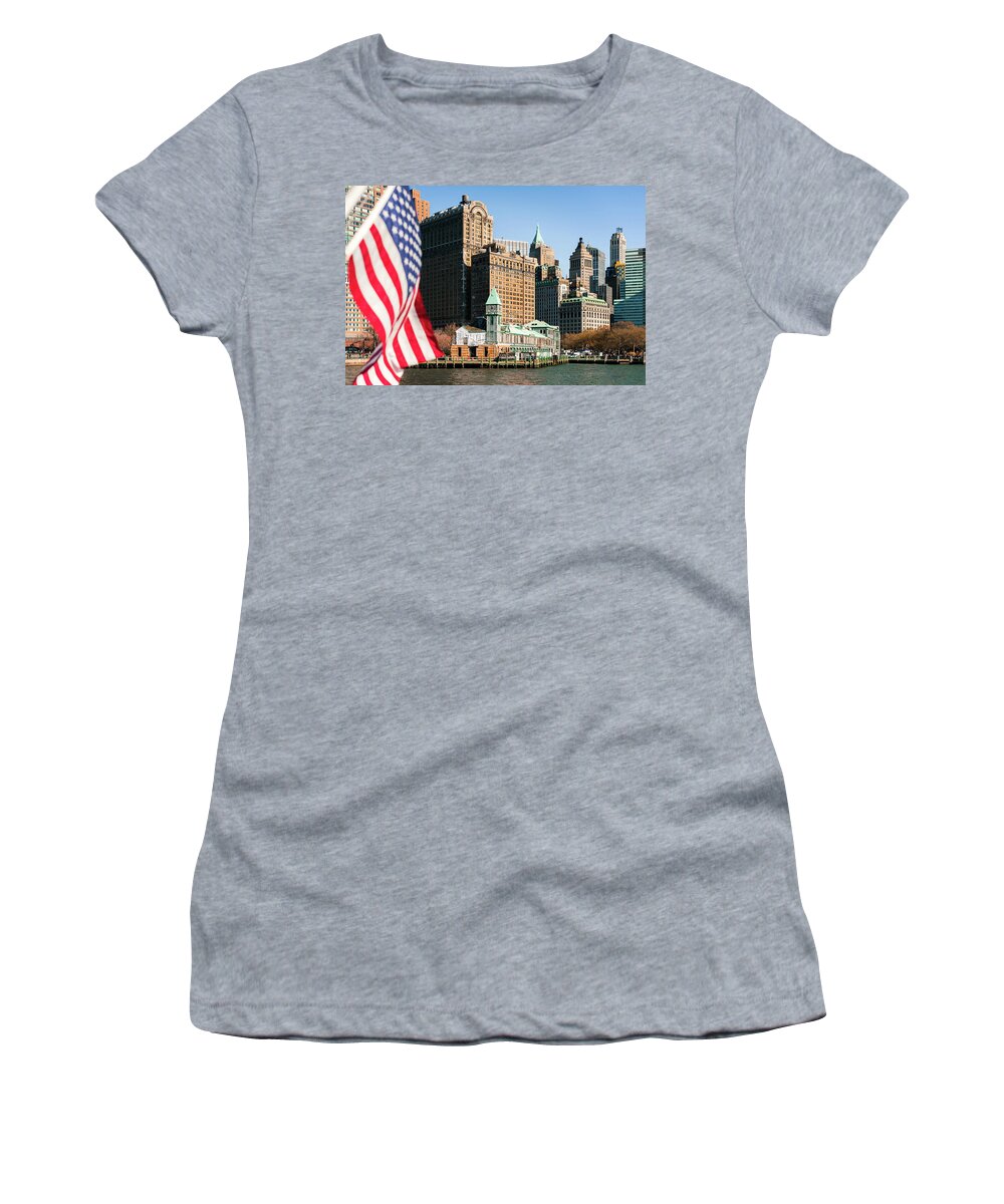 Flag Women's T-Shirt featuring the photograph Manhattan and american flag by Philippe Lejeanvre
