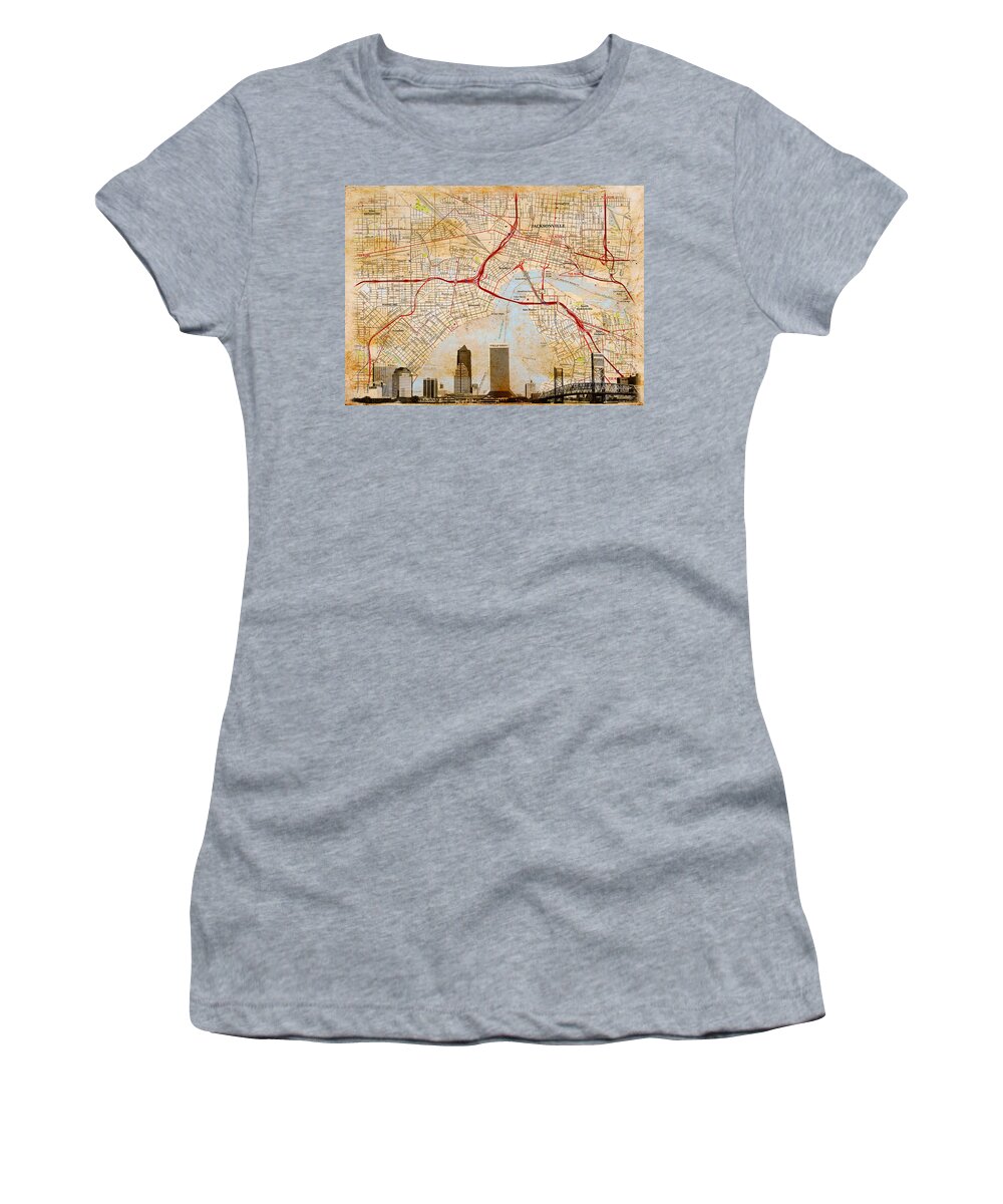 Map Women's T-Shirt featuring the digital art Map of Downtown Jacksonville, Florida, and skyline blended on old paper by Nicko Prints