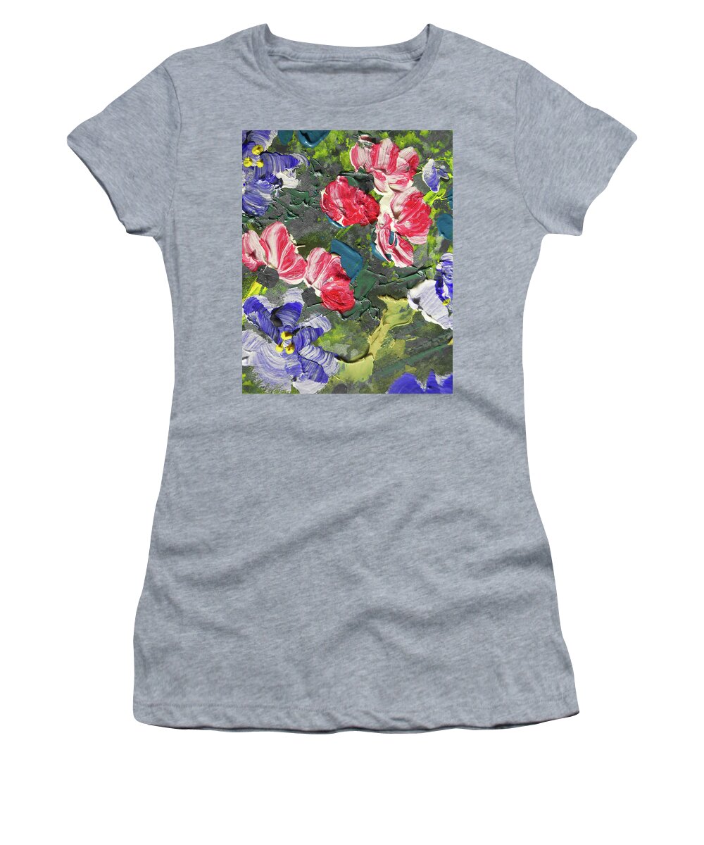 Abstract Flowers Women's T-Shirt featuring the painting Meadow With Pink Purple And Yellow Flowers Contemporary Decorative Art I by Irina Sztukowski