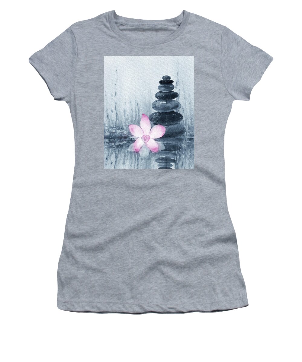 Cairn Women's T-Shirt featuring the painting Meditative Calm And Peaceful Relaxing Zen Rocks Cairn Spa Collection With Flower Watercolor I by Irina Sztukowski