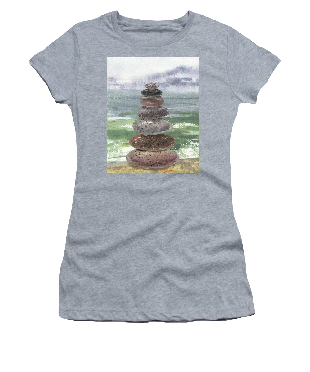 Meditative Women's T-Shirt featuring the painting Meditative Rocks At The Beach Watercolor Seascape by Irina Sztukowski
