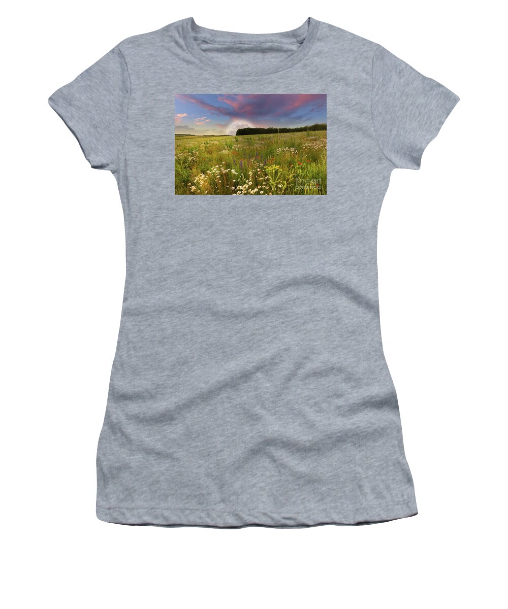 Norfolk Women's T-Shirt featuring the photograph Mega moon rising over flower meadow by Simon Bratt