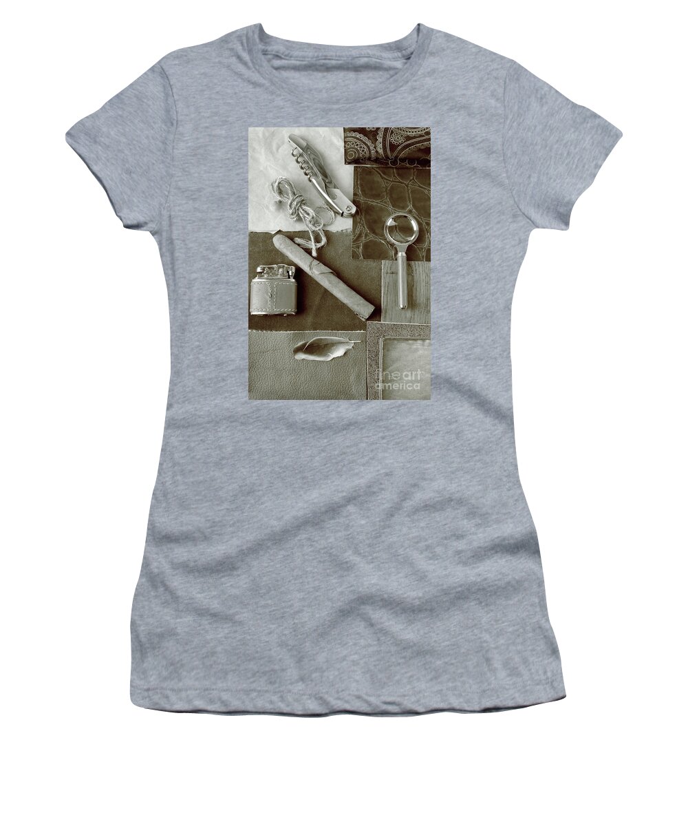 Accessories Women's T-Shirt featuring the photograph Men Accessories In Sepia by Severija Kirilovaite