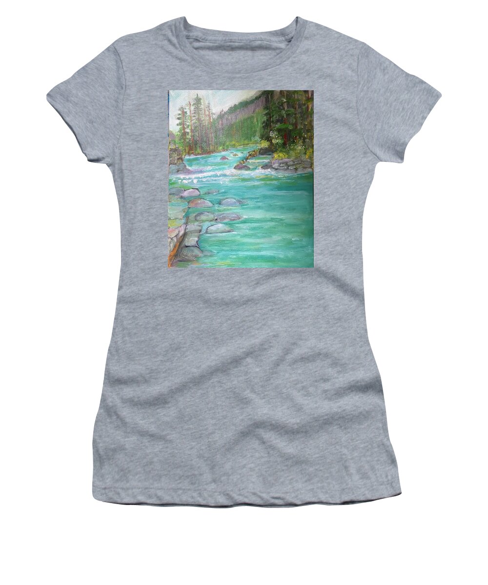 River Women's T-Shirt featuring the painting Metolius River by Denice Palanuk Wilson