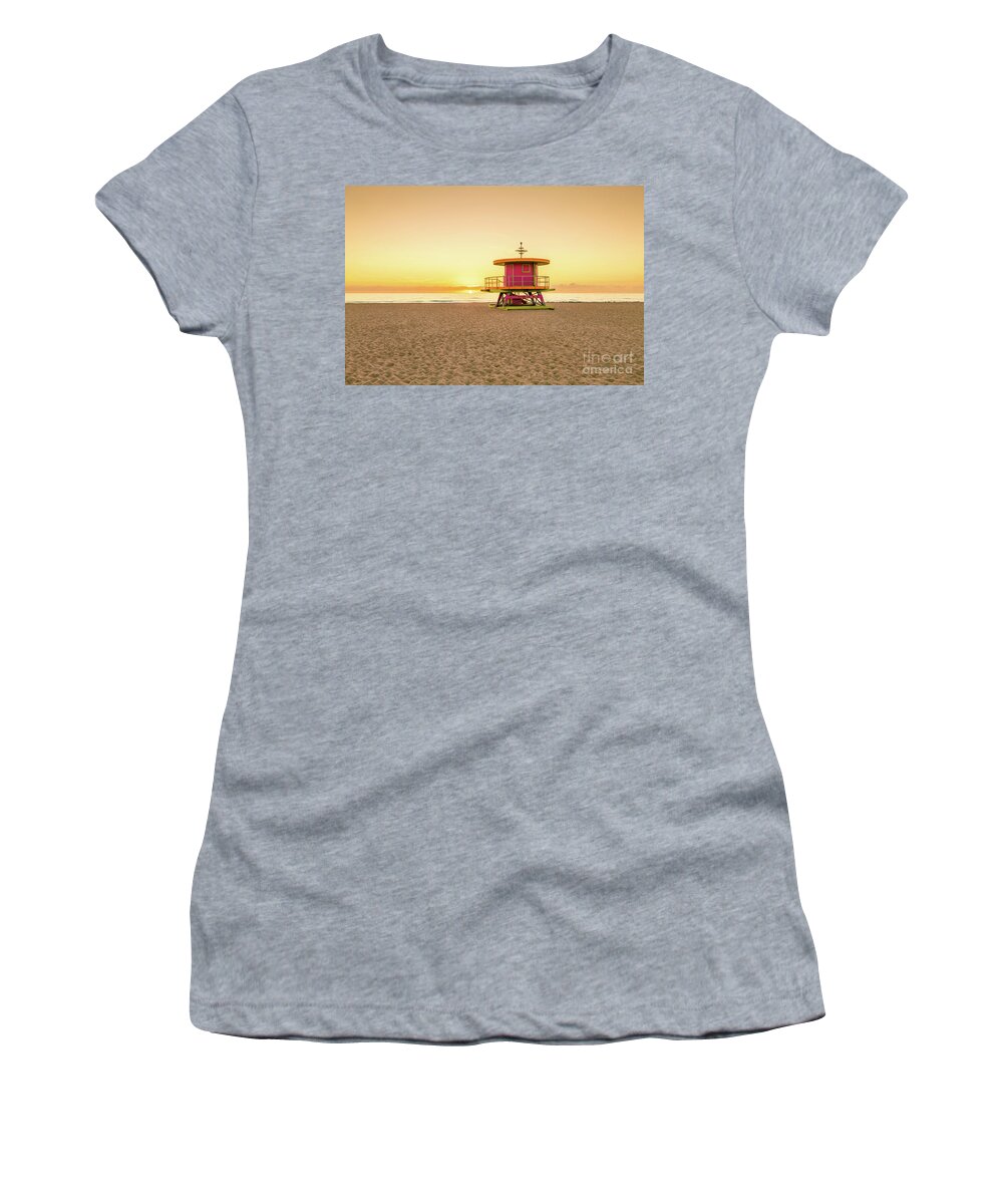 2022 Women's T-Shirt featuring the photograph Miami Beach 10th Sreet Lifeguard Tower at Sunrise Photo by Paul Velgos