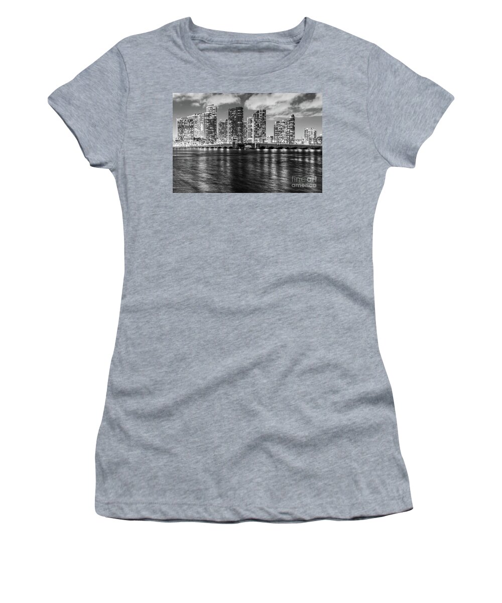 2022 Women's T-Shirt featuring the photograph Miami Night Skyline and Venetian Bridge Black and White Picture by Paul Velgos