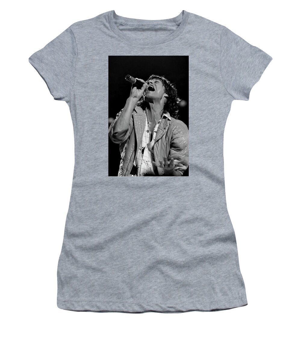 Mick Jagger Women's T-Shirt featuring the photograph Mick Jagger on Stage by Jurgen Lorenzen