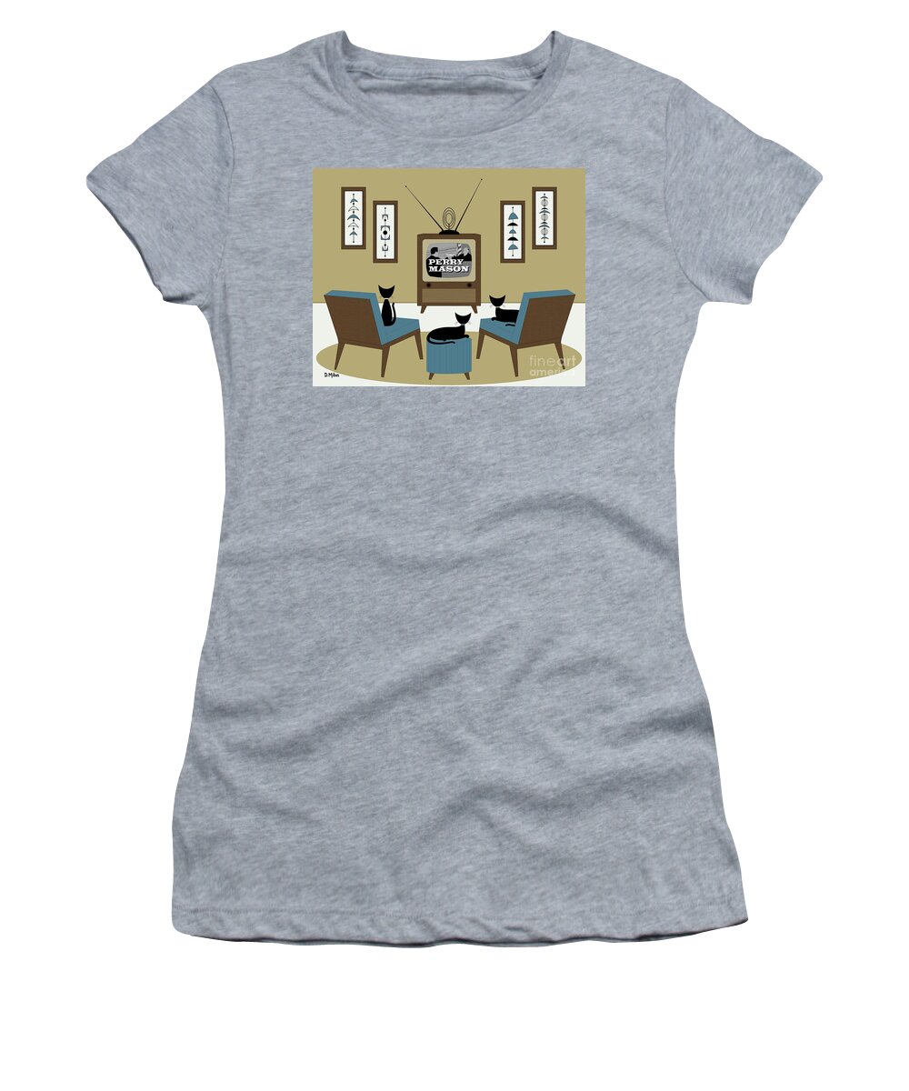 Mid Century Cat Women's T-Shirt featuring the digital art Mid Century Cats Watch Perry Mason Beige by Donna Mibus