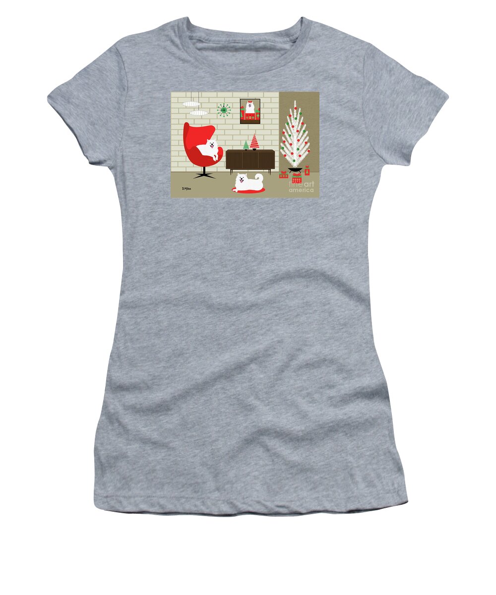 Mid Century Dog Women's T-Shirt featuring the digital art Mid Century Christmas Room Two White Dogs by Donna Mibus