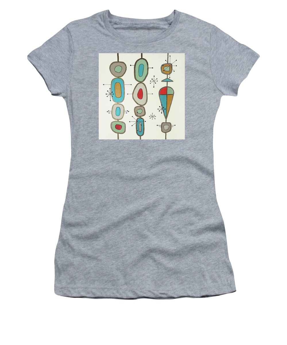Mid Century Women's T-Shirt featuring the painting MID CENTURY MODERN Abstract Aqua Red Sage Retro Art by Lynnie Lang