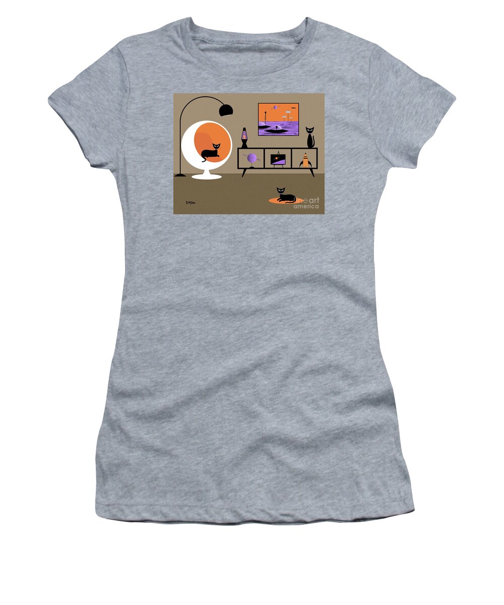 Mid Century Modern Women's T-Shirt featuring the digital art Mid Century Outer Space Room with Black Cats by Donna Mibus