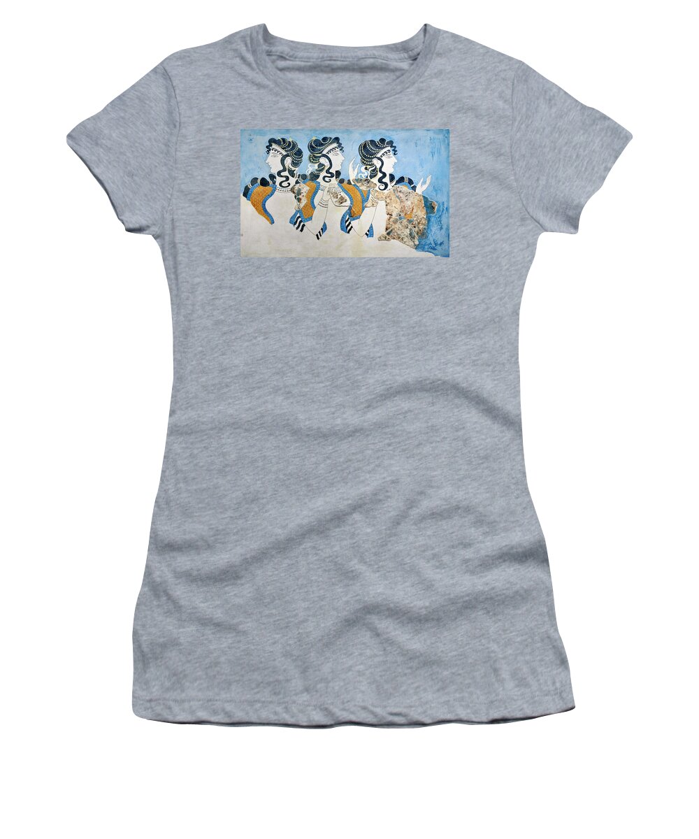 Minoan Fresco Women's T-Shirt featuring the photograph Minoan fresco - Ladies in Blue - Knossos Palace 1600-1450 BC - Heraklion Archaeological Museum by Paul E Williams
