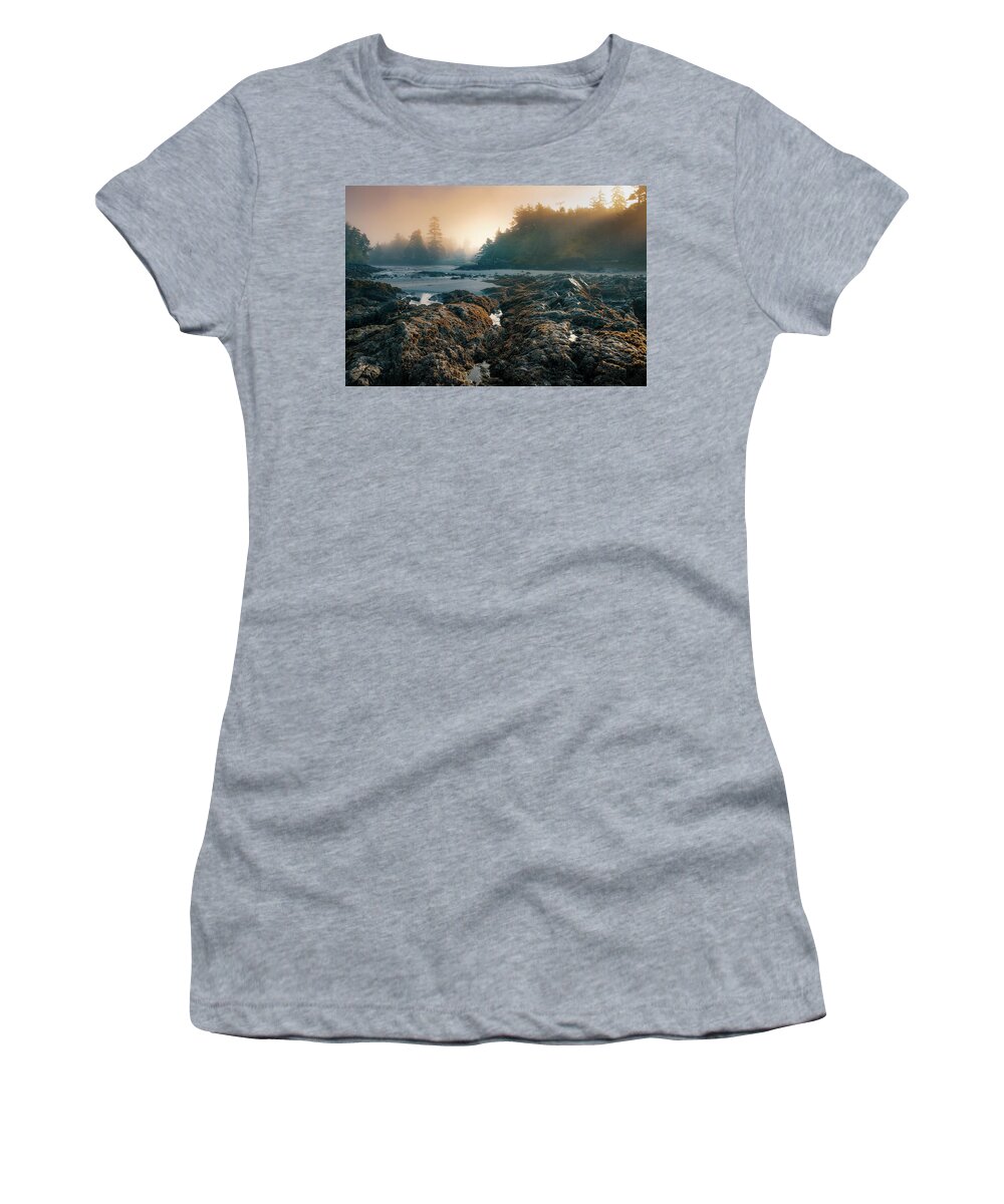 Mist Women's T-Shirt featuring the photograph Misty Morning at Mackenzie Beach by Naomi Maya