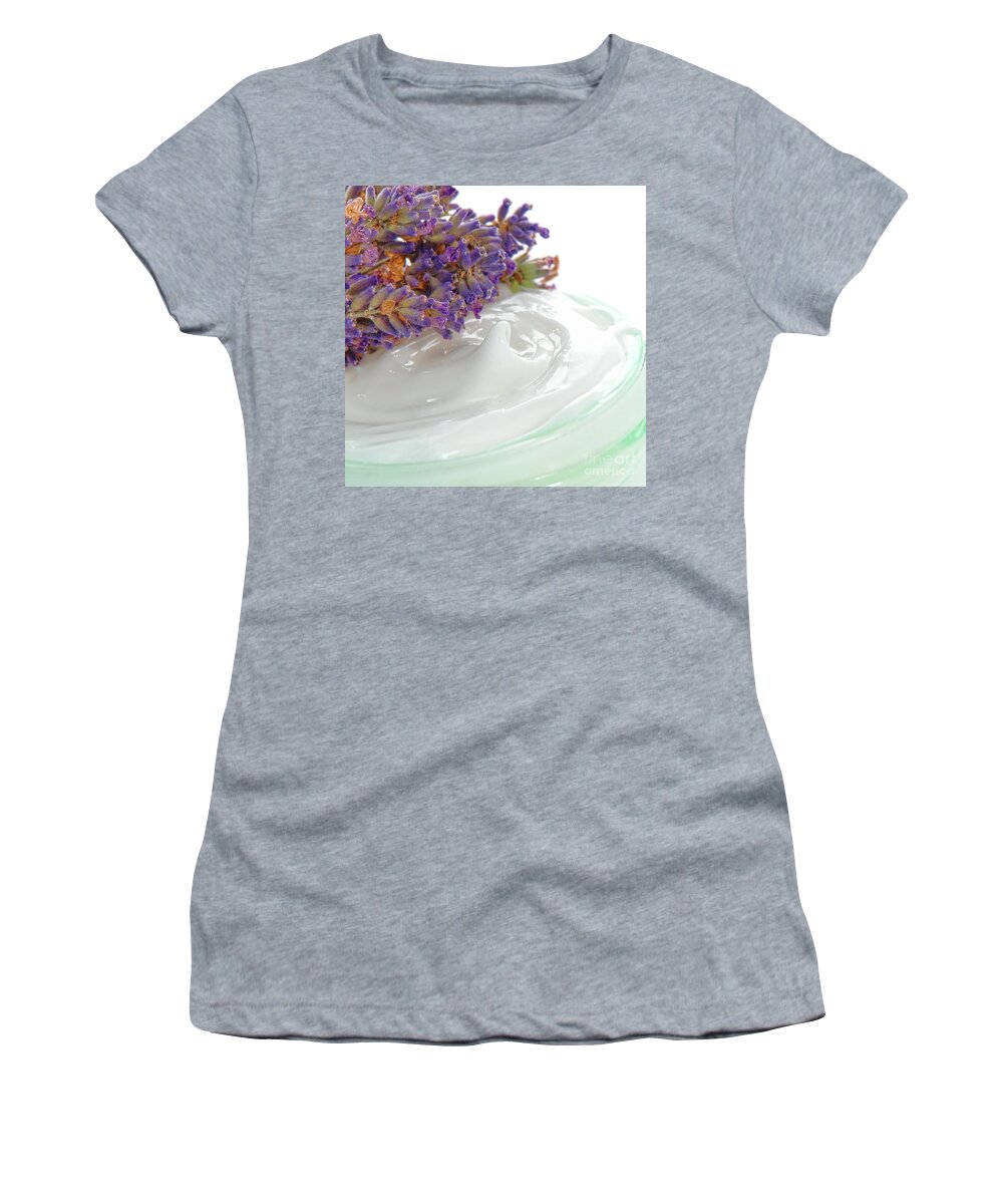 Moisturizer Women's T-Shirt featuring the photograph Moisturizing Cream in a Jar and Lavender Flowers by Olivier Le Queinec