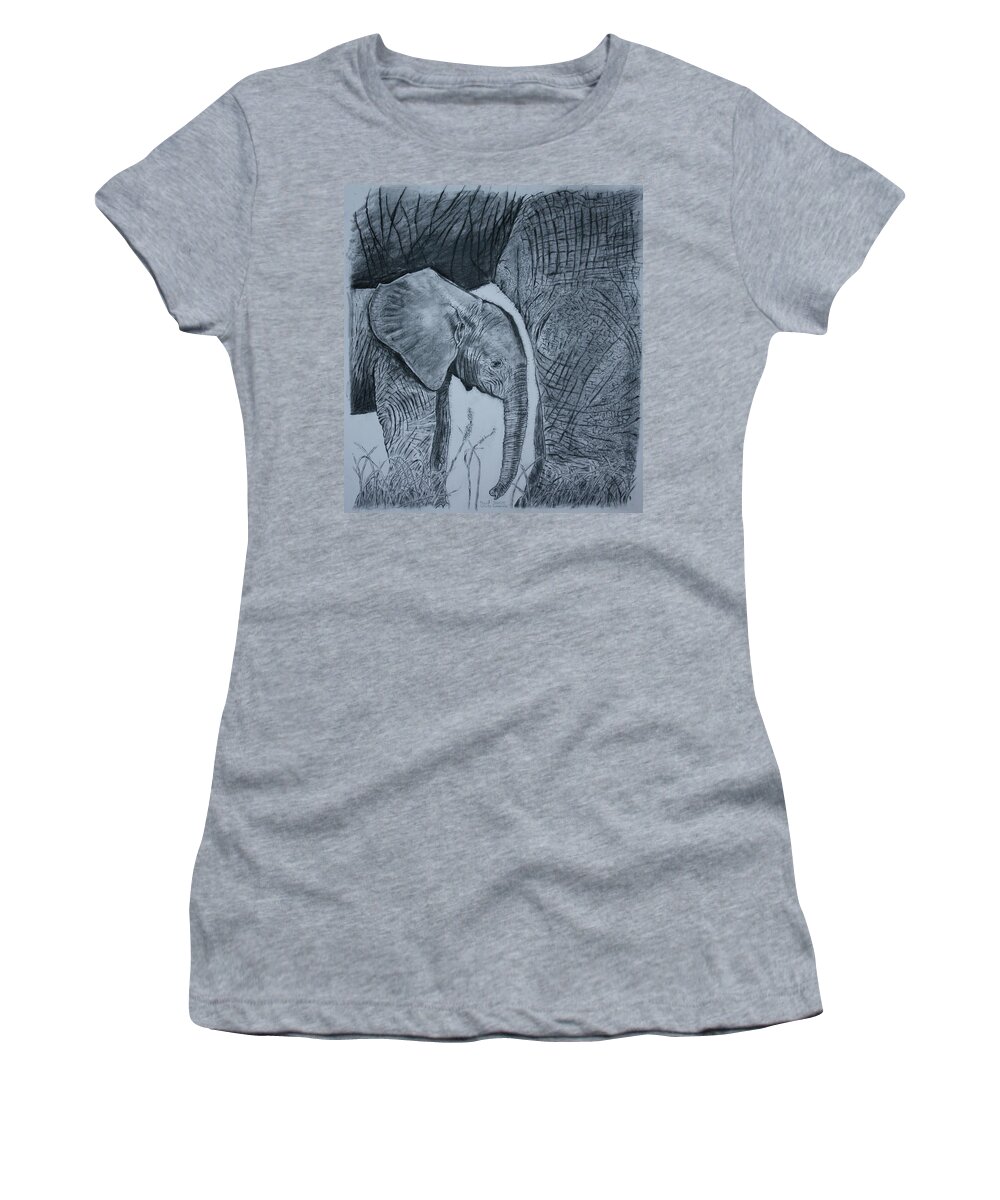 Elephants Women's T-Shirt featuring the drawing Mom's Shadow by David Joyner
