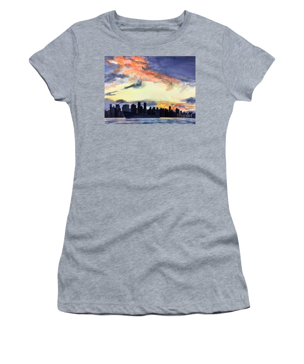 Vancouver Skyline Women's T-Shirt featuring the painting Moody Blues by Sonia Mocnik