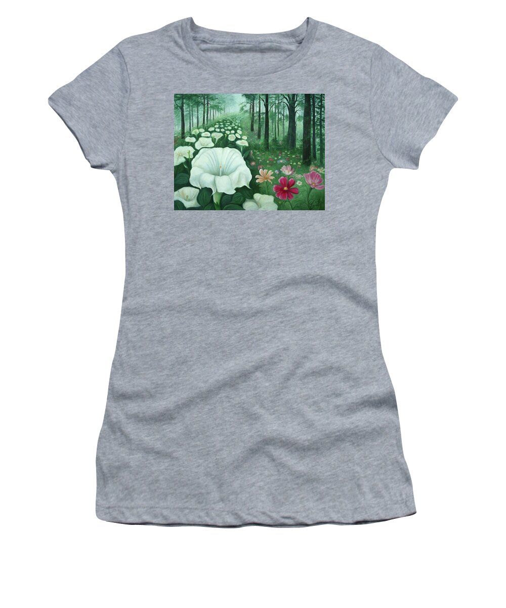 #flowers #moon #planted # Forest #wild #free #spirit Women's T-Shirt featuring the painting Moon Flowers And Wild Flowers Forever by June Pauline Zent