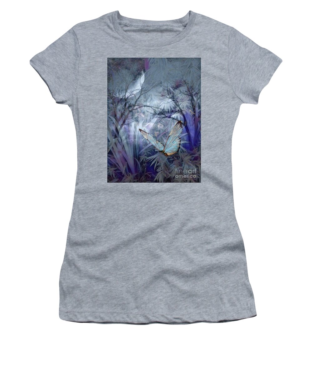 Moon Women's T-Shirt featuring the mixed media Moonlight-Butterfly by Susanne Baumann