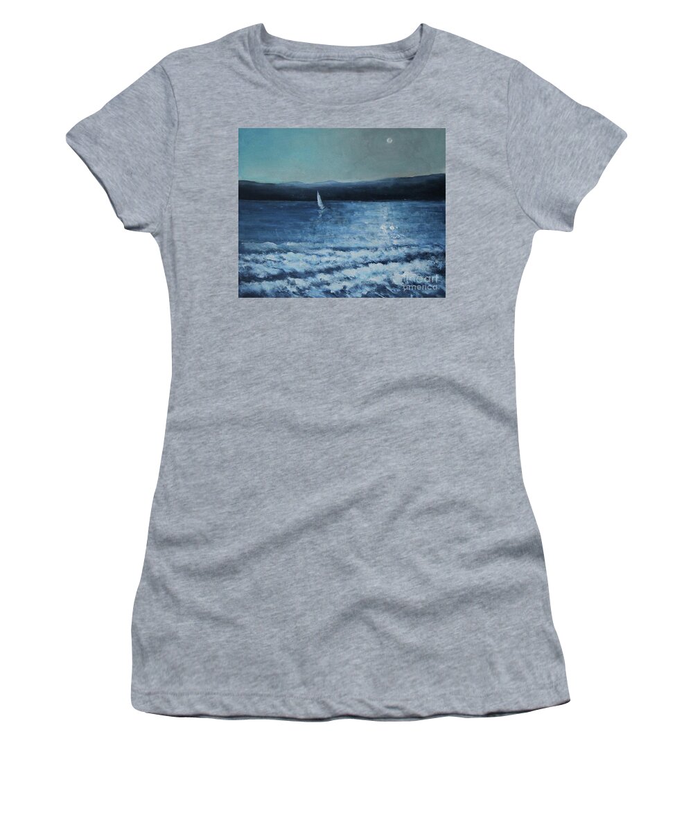 Seascape Women's T-Shirt featuring the painting Moonlight Sailor by Jane See