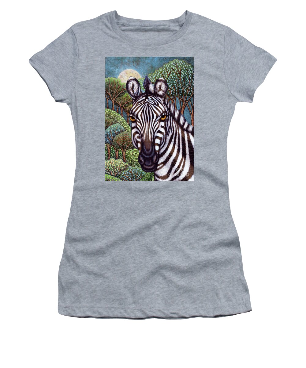 Zebra Women's T-Shirt featuring the painting Moonlit Zebra Mission by Amy E Fraser