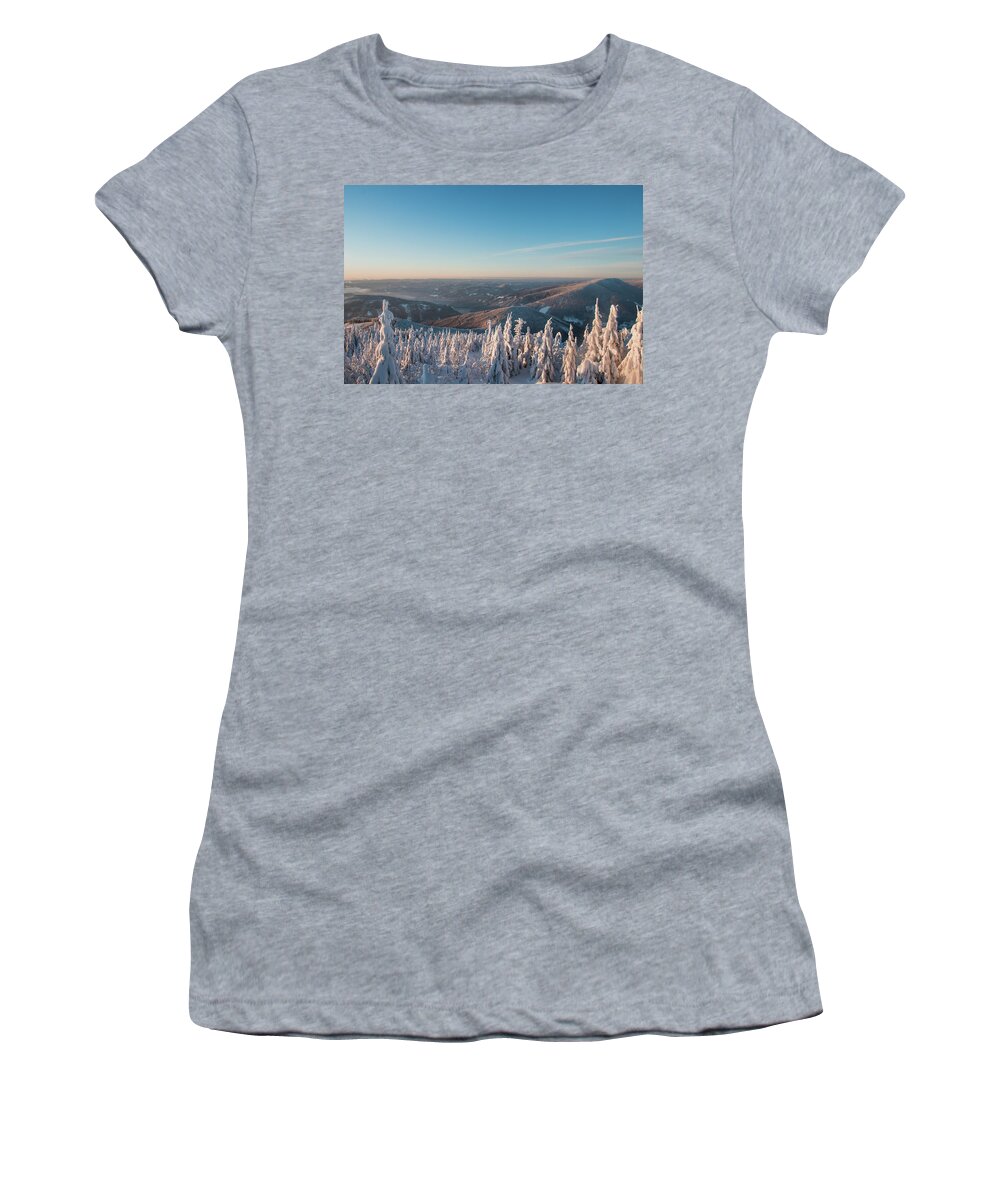 Snowboarding Women's T-Shirt featuring the photograph Morning awakening in a snowy landscape by Vaclav Sonnek