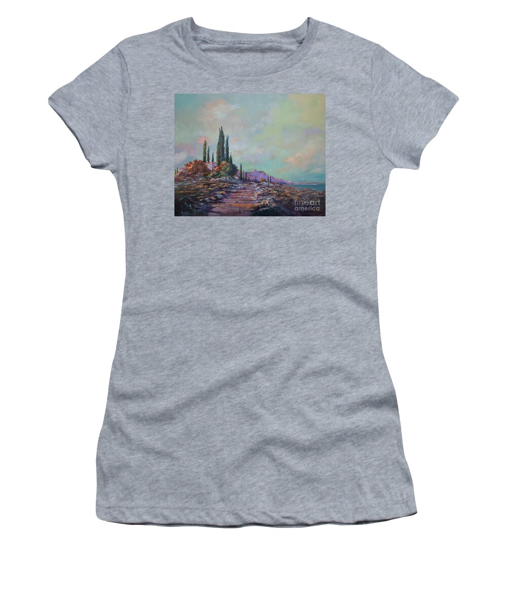 Seascape Women's T-Shirt featuring the painting Morning Mist by Sinisa Saratlic