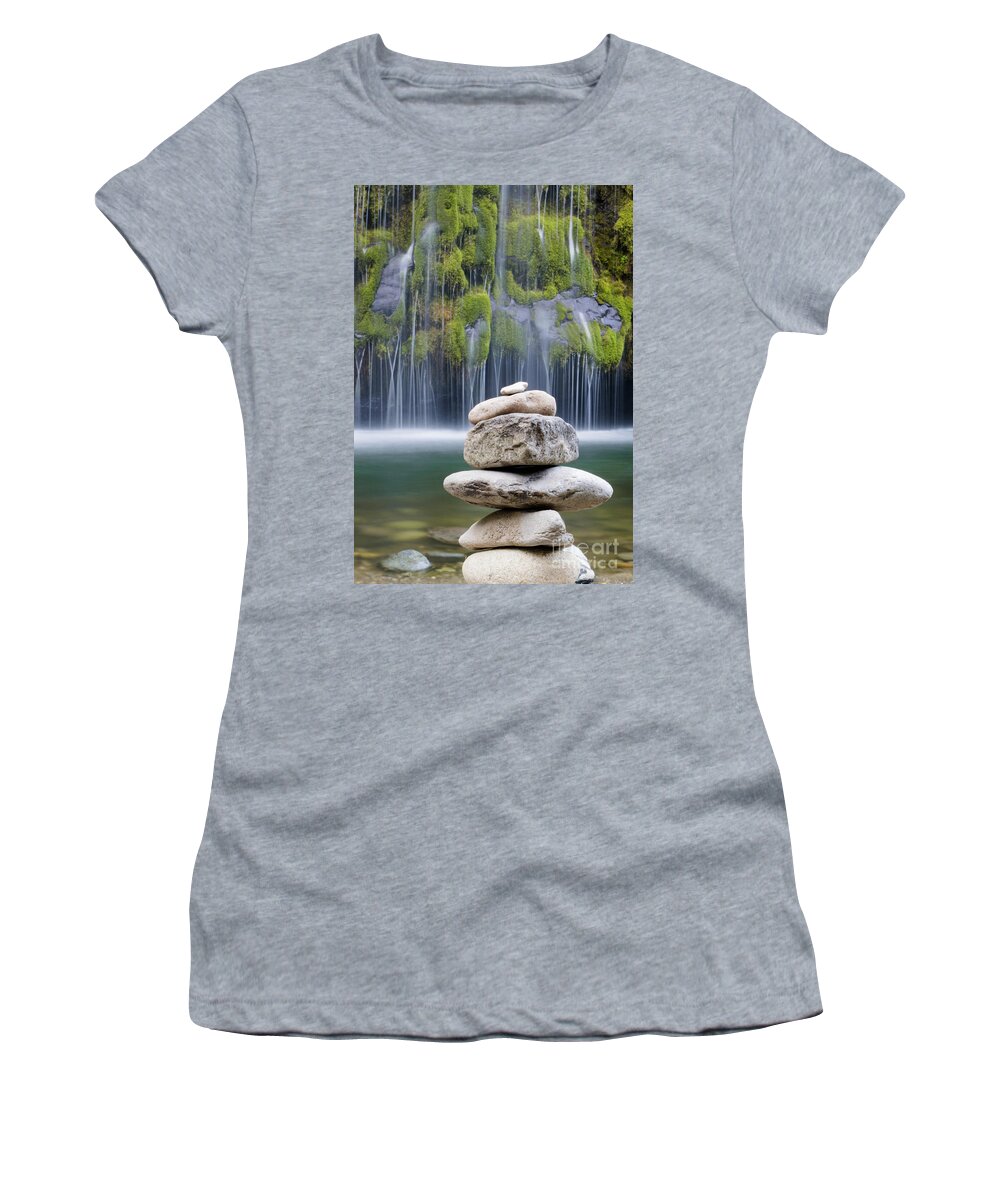 Cairn Women's T-Shirt featuring the photograph Mossbrae Falls Cairn Portrait by Suzanne Luft