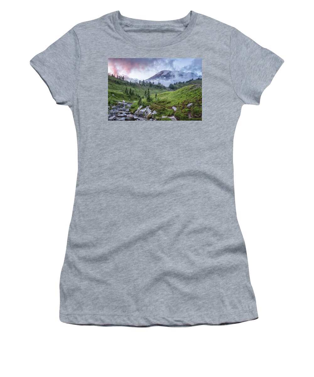Mount Rainier Women's T-Shirt featuring the photograph Mount Rainier and Edith Creek at Sunset by Belinda Greb