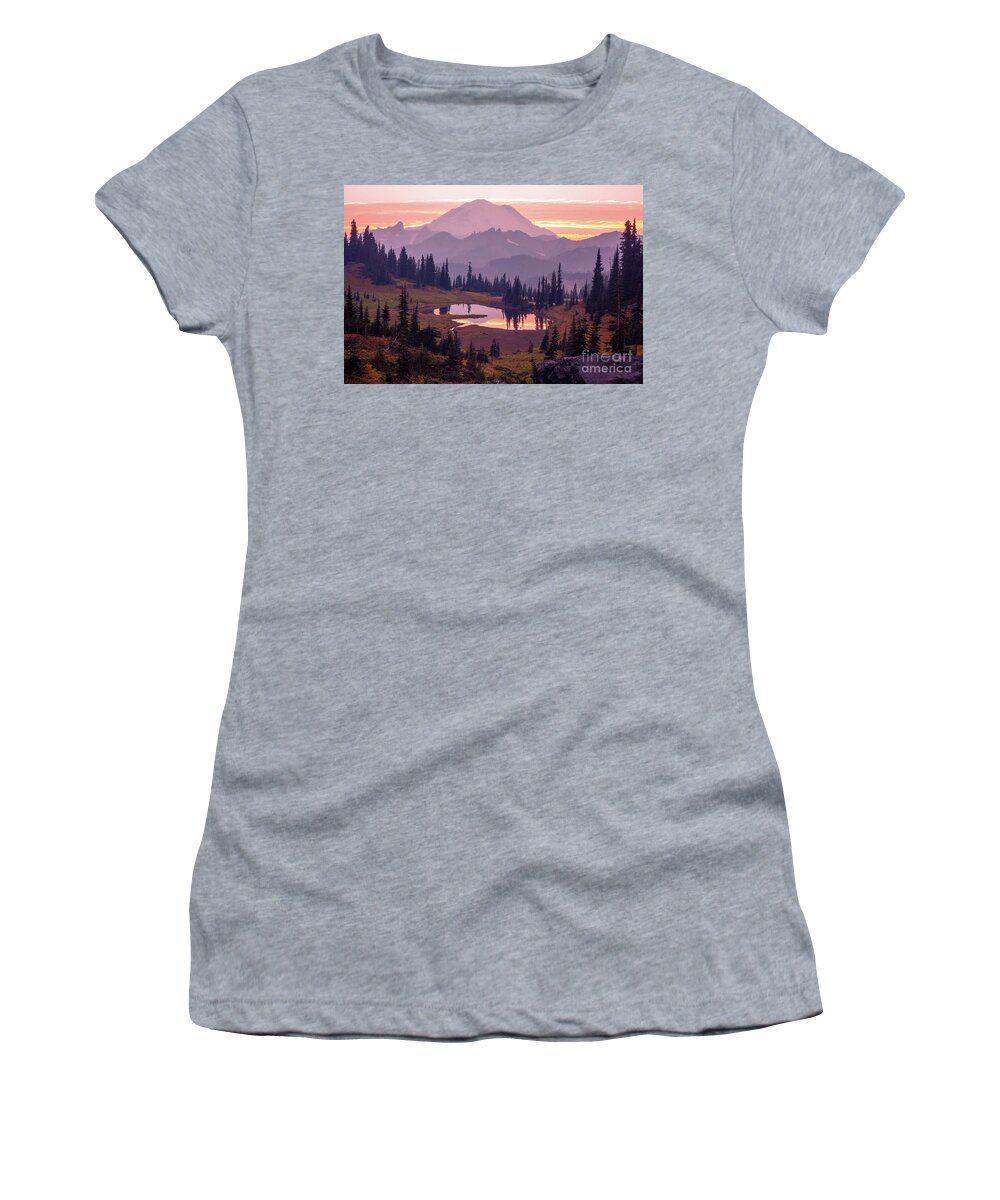 Mount Rainier Women's T-Shirt featuring the photograph Mount Rainier Sunset Layers by Mike Reid