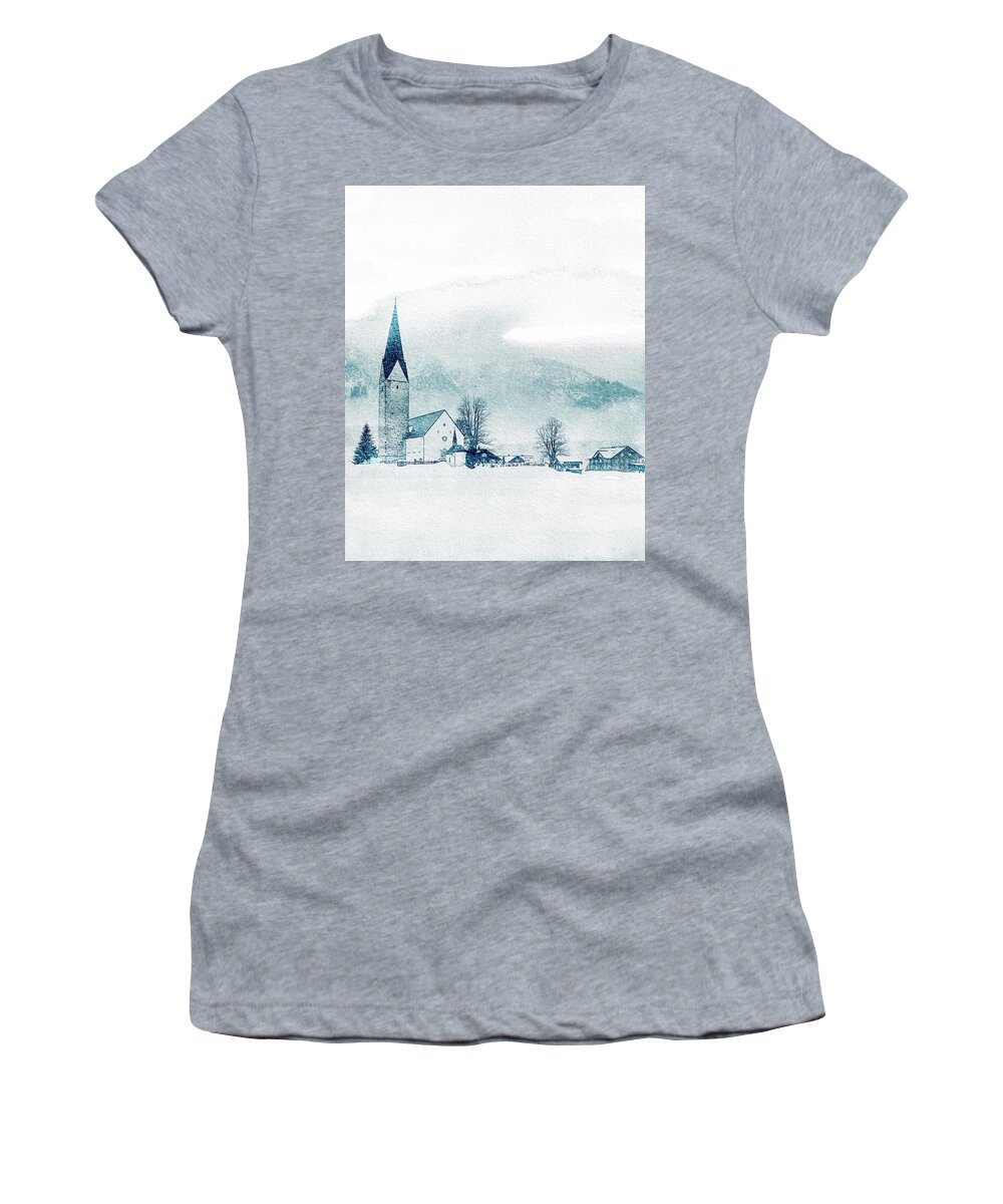 Snow Landscapes Women's T-Shirt featuring the mixed media Mountain Sanctuary by Colleen Taylor
