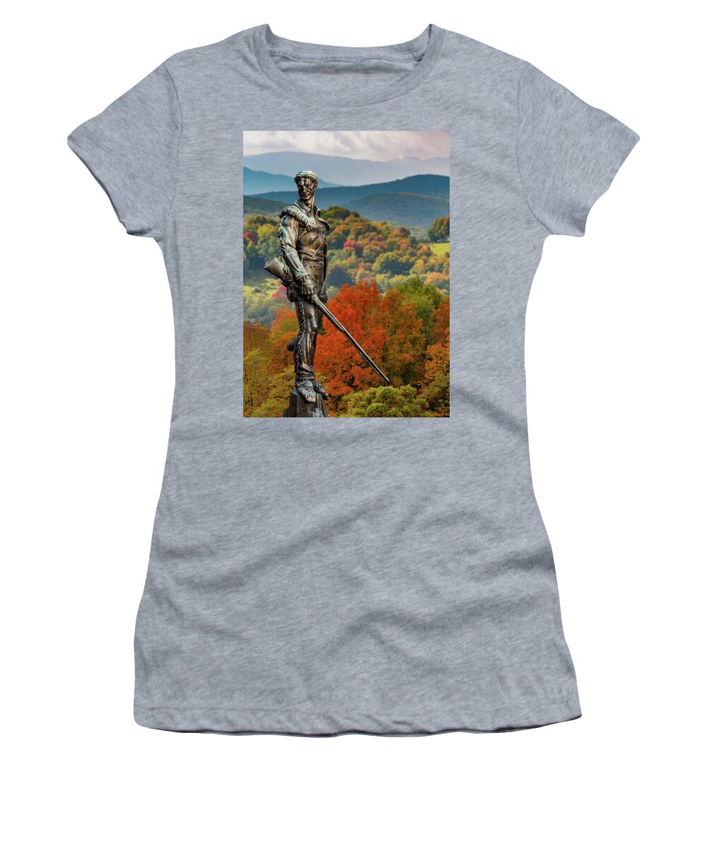 Art Women's T-Shirt featuring the photograph Mountaineer statue from WVU with fall leaves in West Virginia by Steven Heap