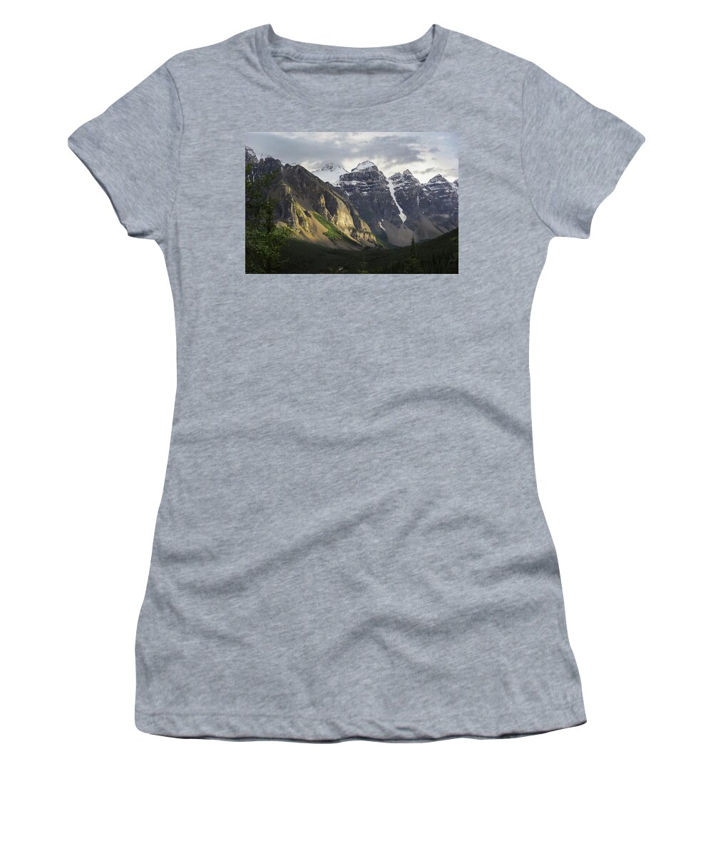 Scenic Women's T-Shirt featuring the photograph Mountains near Moraine Lake Alberta Canada by Mary Lee Dereske