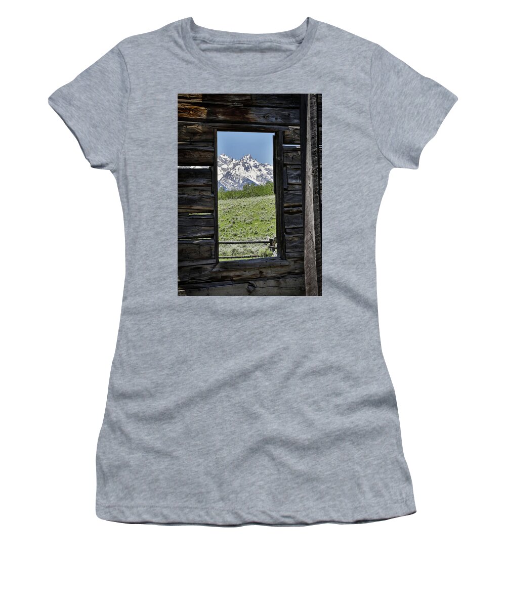 Barn Window Mountain View Women's T-Shirt featuring the photograph Mountains Through Cabin Window by Dan Sproul