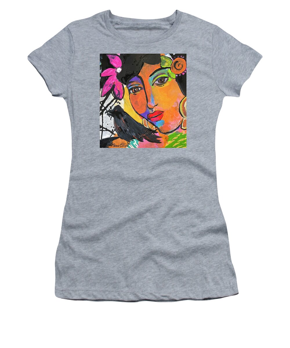 Mexican Woman Women's T-Shirt featuring the painting Mujer con Pajaro by Elaine Elliott