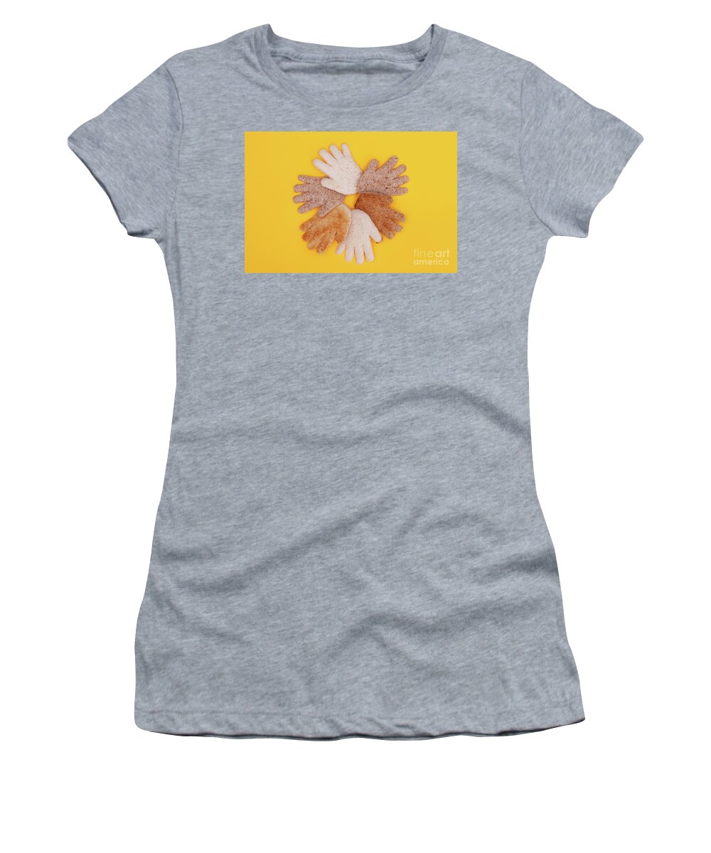 Hands Women's T-Shirt featuring the photograph Multicultural hands circle concept made from bread by Simon Bratt
