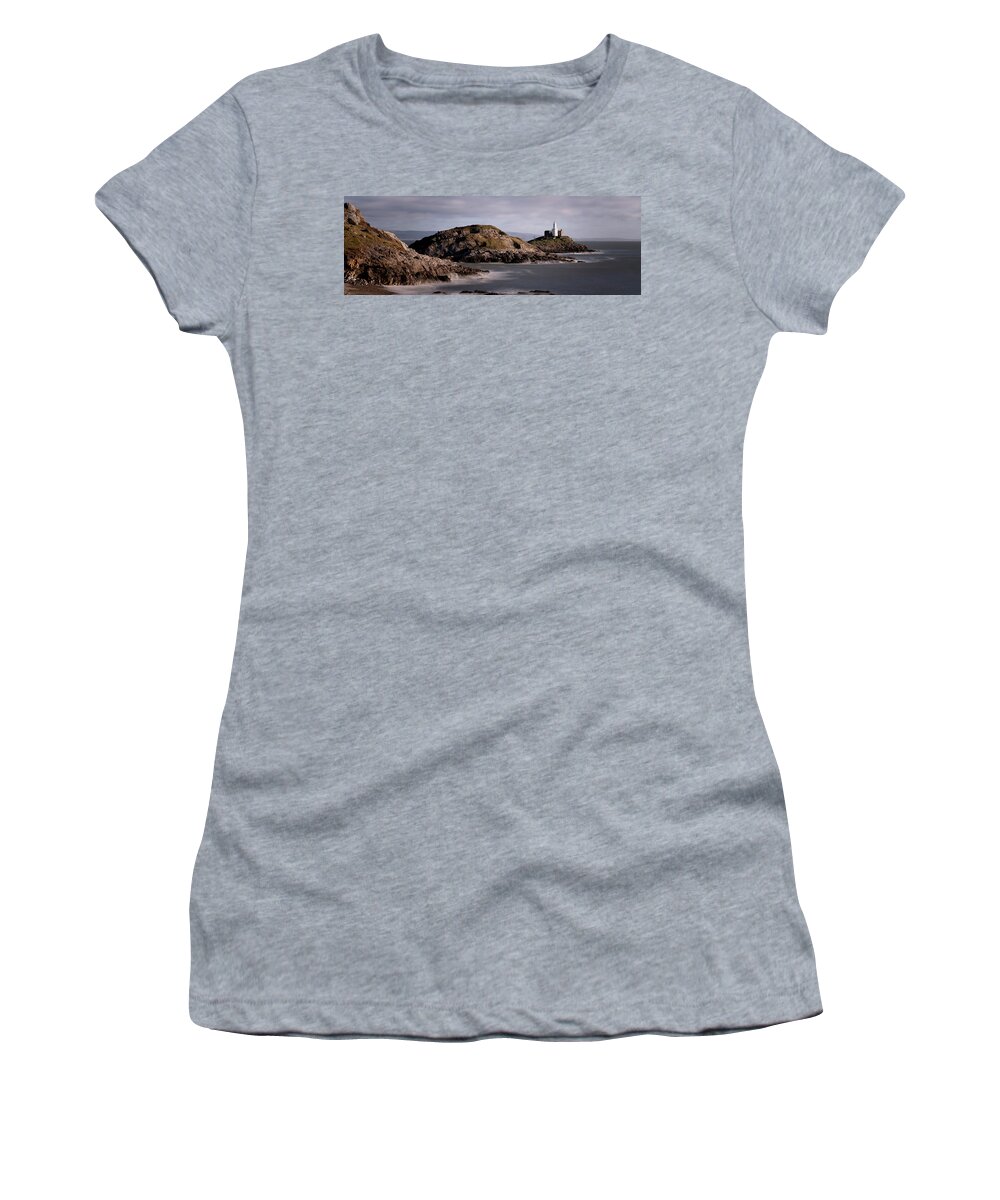 Panorama Women's T-Shirt featuring the photograph Mumbles Lighthouse Gower Coast Wales by Sonny Ryse