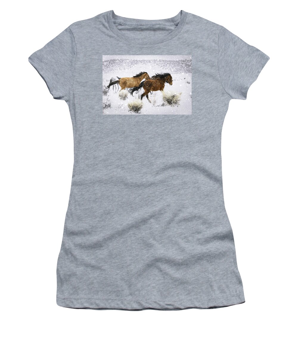 Mustang Wild Horse Galloping Art Prints Women's T-Shirt featuring the photograph Mustangs In Winter by Jerry Cowart