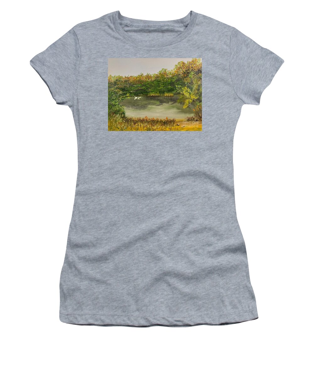Peaceful Women's T-Shirt featuring the painting Mystery Pond by Monika Shepherdson